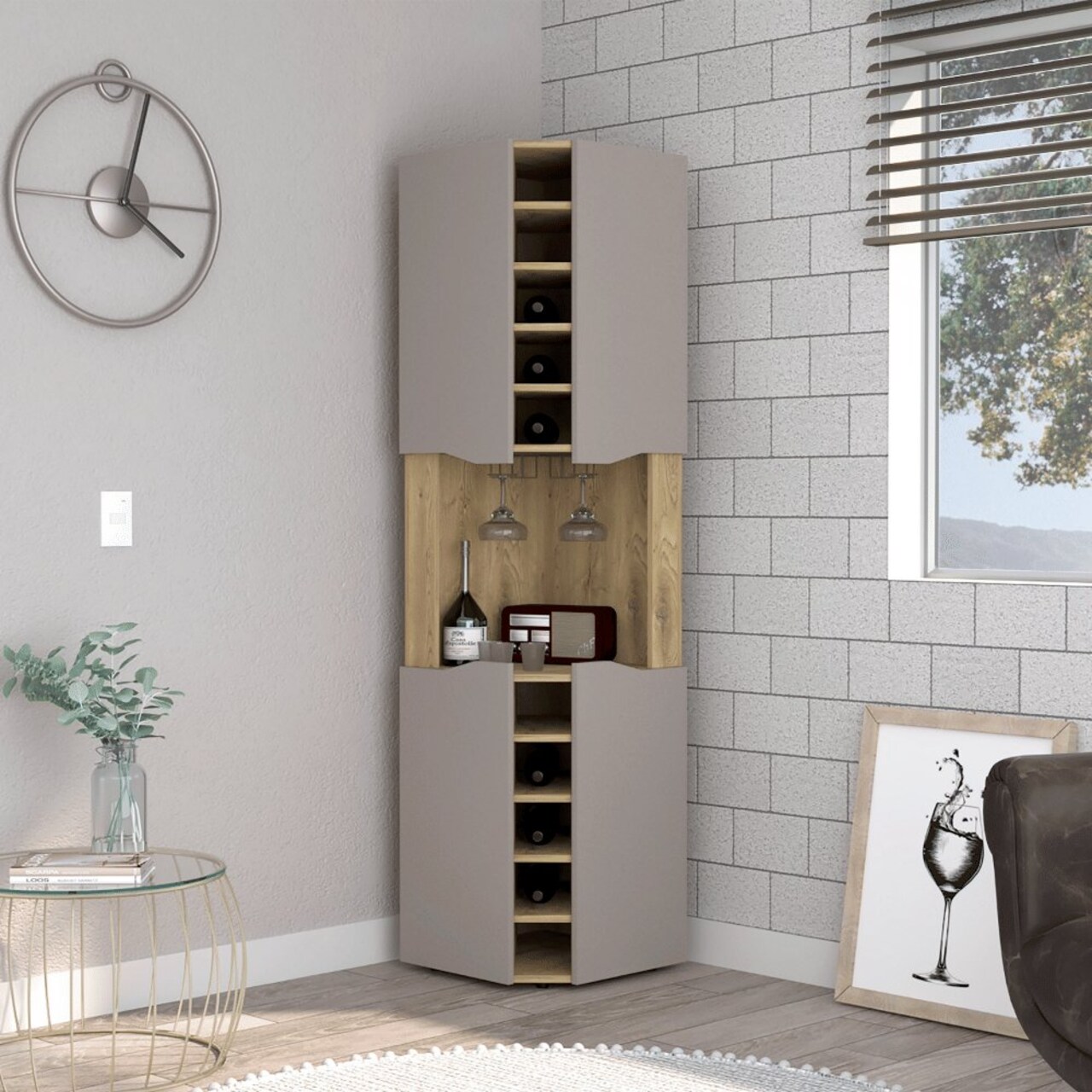 Edge Collections -71.7" x 17.7"-Gray-Elegant Corner Bar Cabinet with Wine Storage-1 pcs